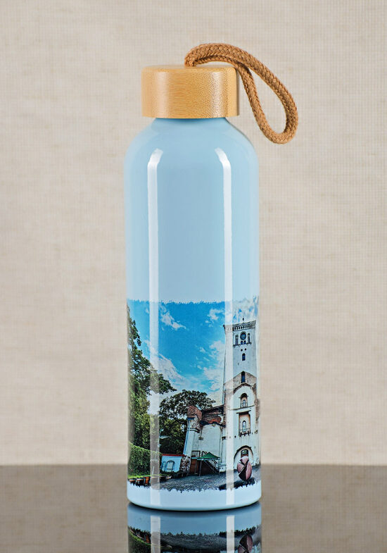 600 ml Alumīnija pudele ar Bambusa vāciņu - "Jelgavas tornis" (zila)