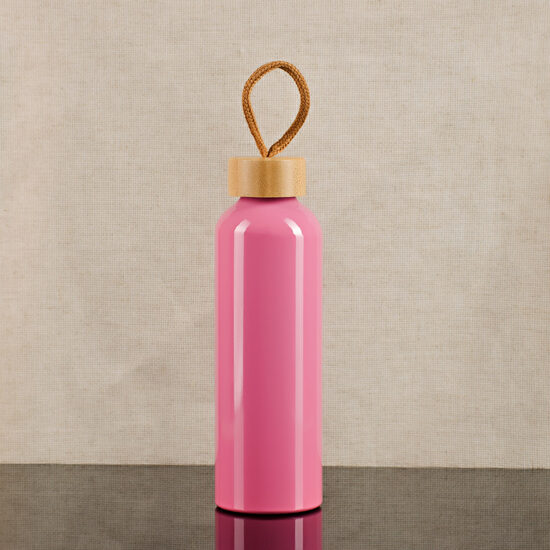 600ml ūdens pudele ar bambusa korķīti un tavu īpašo apdruku (rozā)